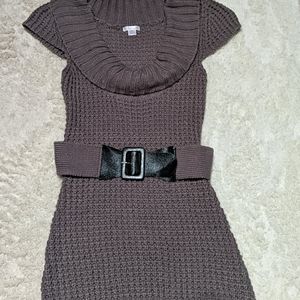 Grey Belted Sweater Dress